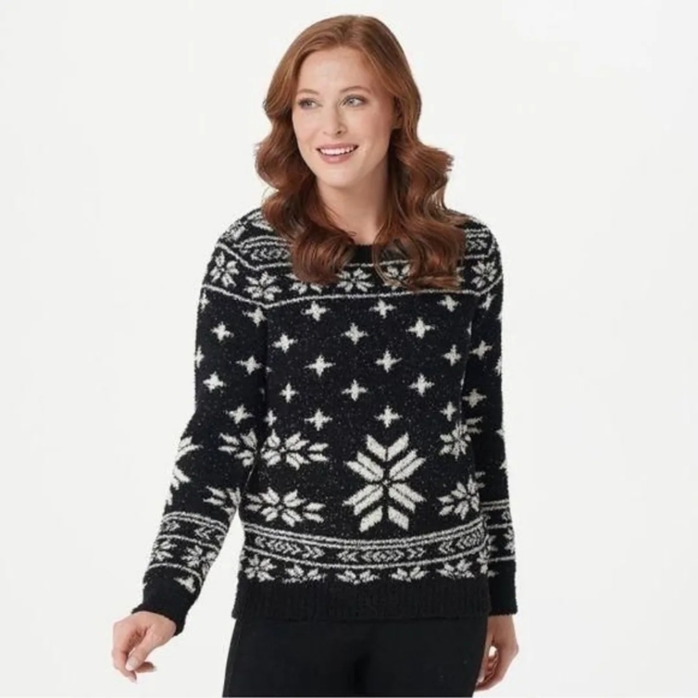 BAREFOOT DREAMS Cozychic Seaside Crewneck Pullover Sweater in Black Fair Isle 1X
